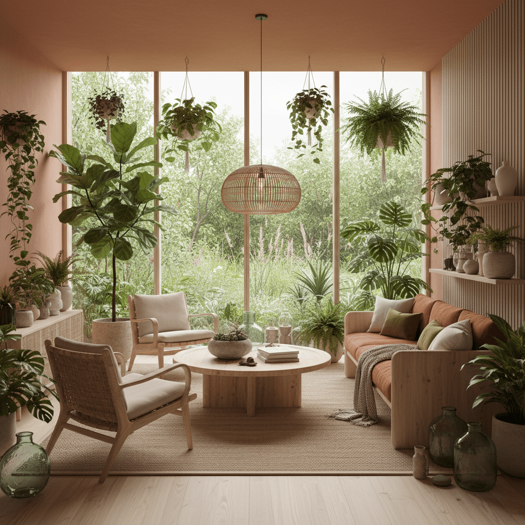 Decor Home AI showing natural green living interior with plants and wood